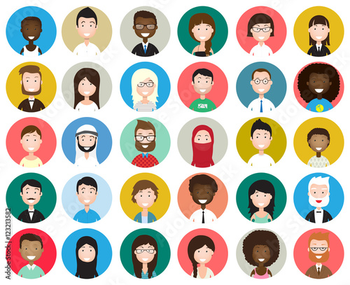 Set of diverse round avatars isolated on white background. Different nationalities, clothes and hair styles. Cute and simple flat cartoon style