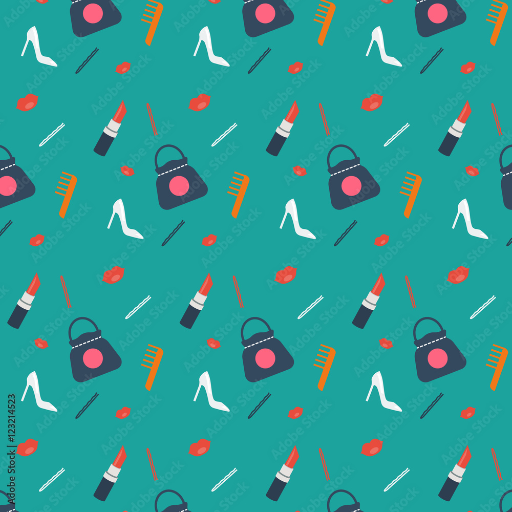 Women's shopping concept vector pattern, background with fashion shoes, bag, lipstick, comb and barrette Women's shopping concept vector pattern, background with fashion shoes, bag, lipstick, comb and barrette
