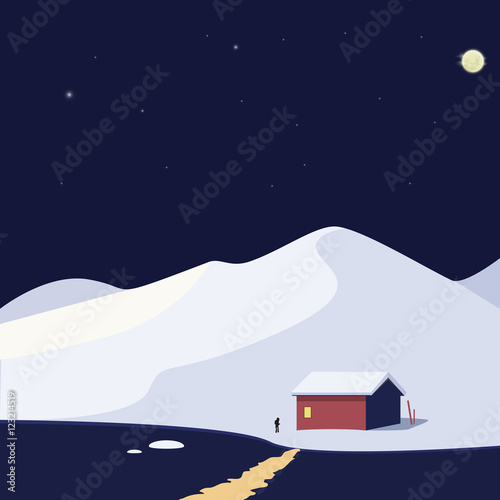 Illustration of snow-capped mountains with a house at the foot on the riverbank