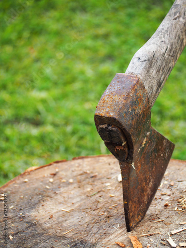 Splitting firewood. Old ax in a log