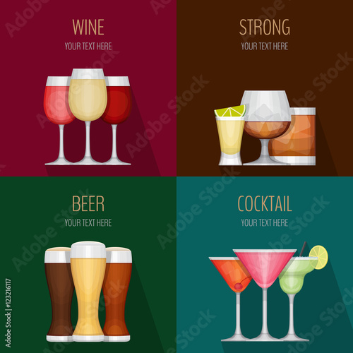 Four cards with different alcohol beverages. Wine, strong drinks
