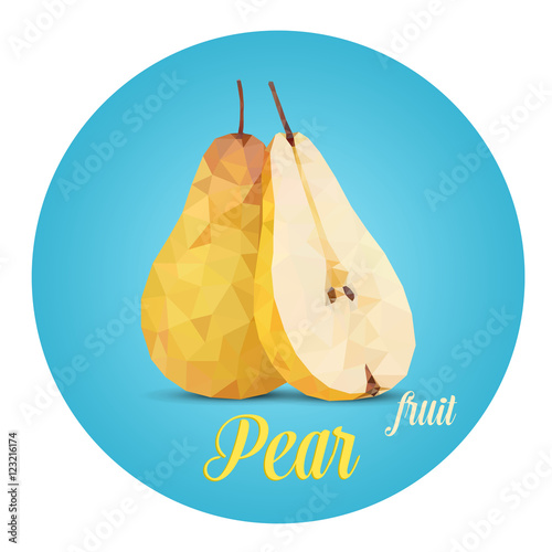 Pear composition. The whole and cut-off fruit. Triangular style. Polygonal, mesh style. Art composition. On a beautiful background gradient.