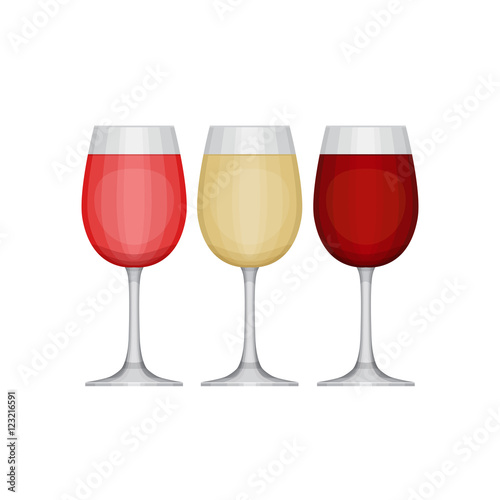 Set of different wine glasses, red, pink and white. Types of win
