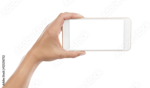 Taking photo with mobile smart phone isolated on white background with clipping path for the screen photo