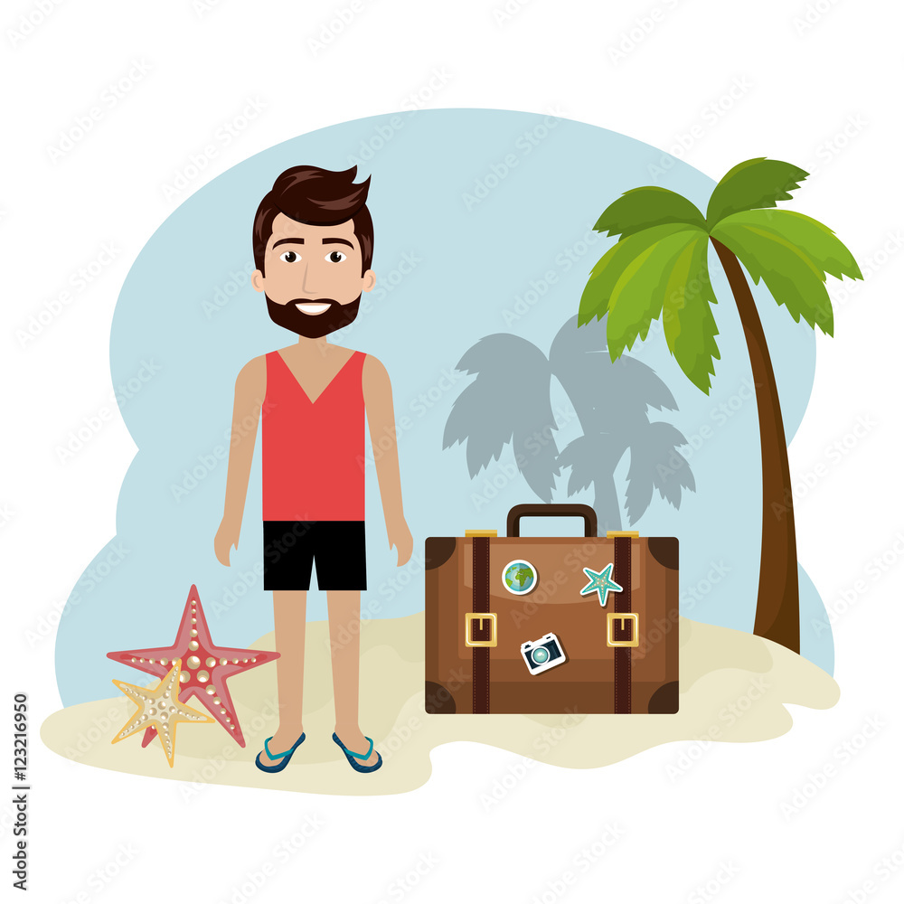 avatar man smiling wearing summer clothes and suitcase over beach ...