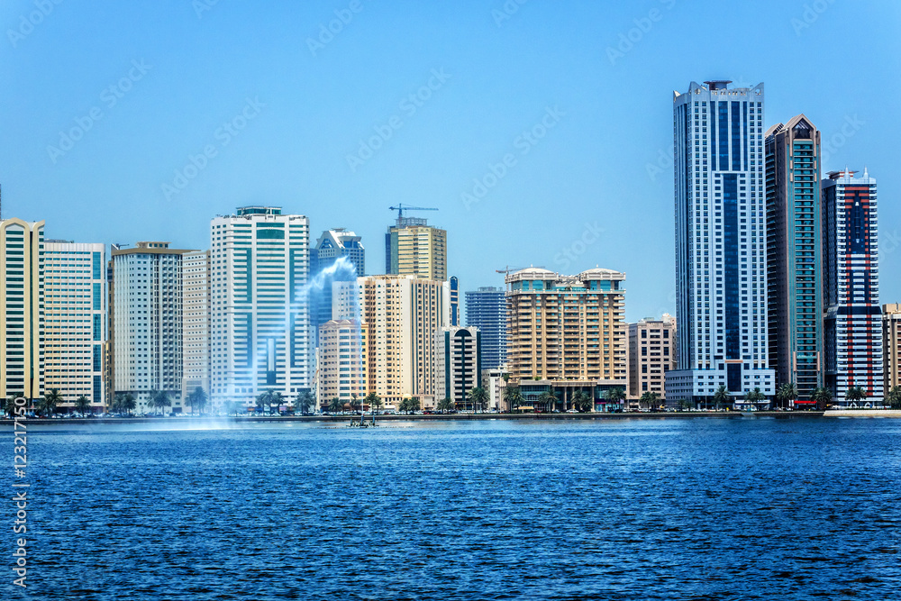 Skyscrapers in Khalid Lagoon in Sharjah city. UAE Skyscrapers in Khalid Lagoon in Sharjah city. UAE