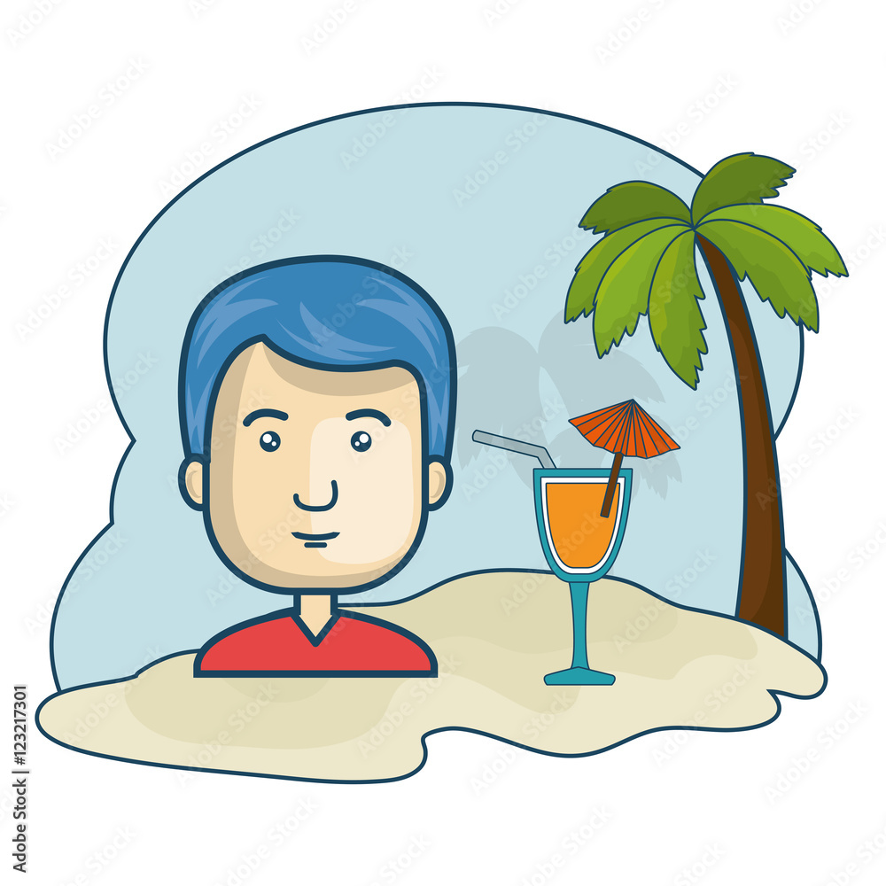 avatar man smiling with cocktail drink over beach background. vector illustration