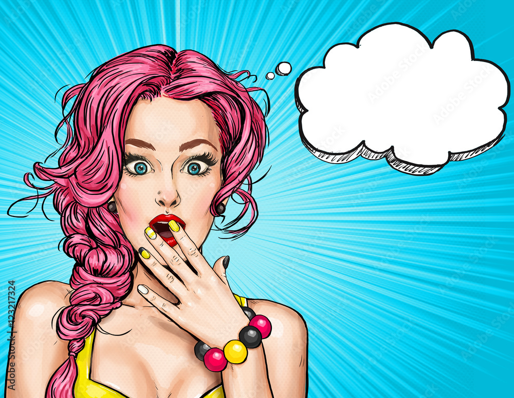 Surprised young sexy woman with open mouth.Comic woman. Gossip girl. Amazed  women. Pop Art girl. Sale, discount, amazed, wow, oops, lips, hipster,  face, wow, makeup, wonder, temptation, Gossip , idea Stock Illustration