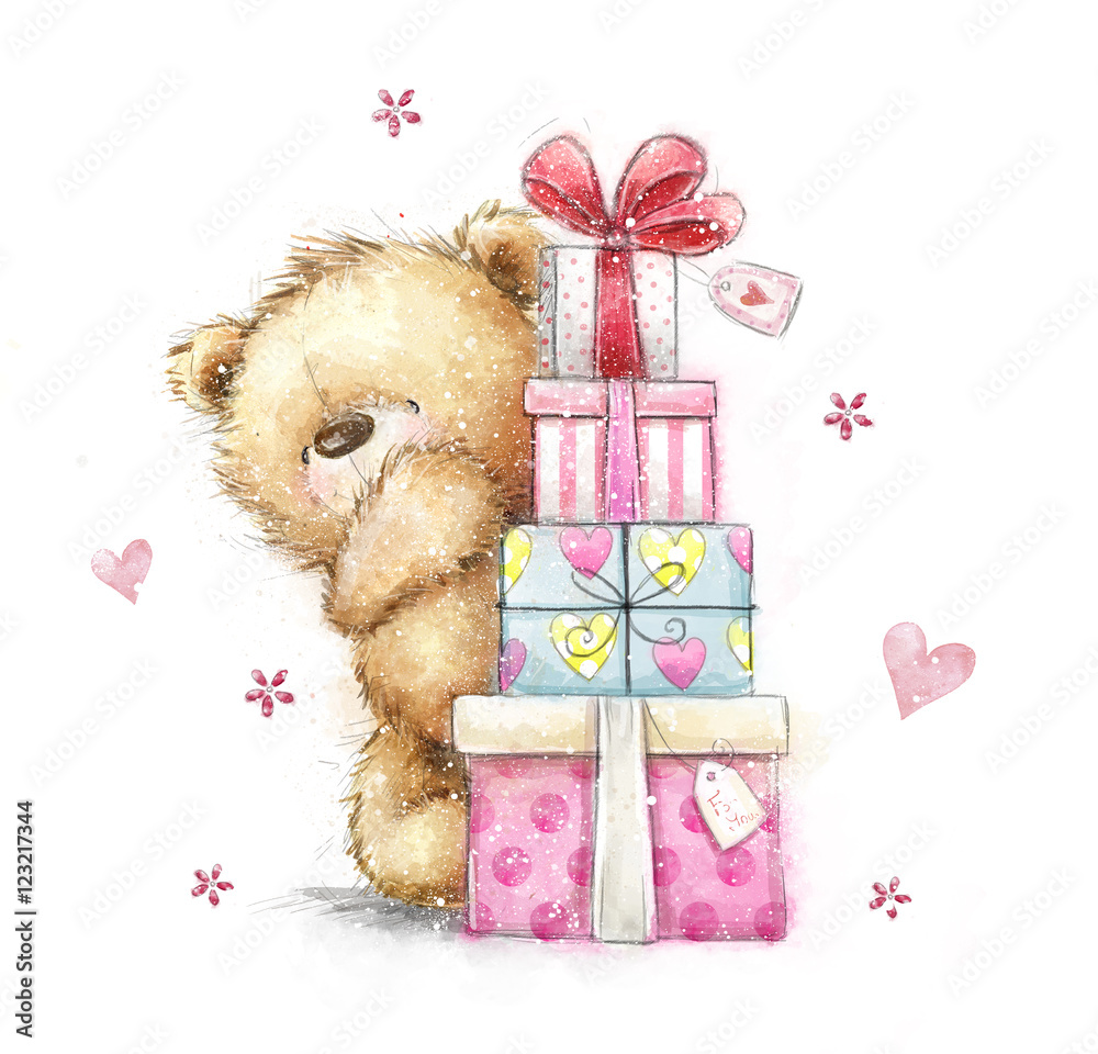 Teddy bear with the gifts.Hand drawn teddy bear isolated on white  background. Happy Birthday card, gifts, bow, gift boxes, hearts, Christmas  gifts, cute, sweet, romantic, greeting card, Christmas card Stock  Illustration