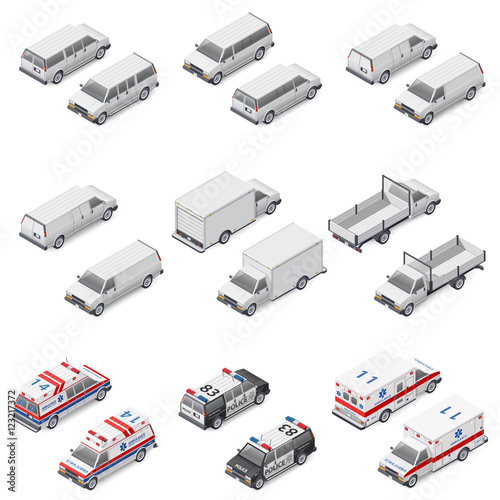 Minivan passenger, cargo, board mini truck commercial van, police and ambulance set icons