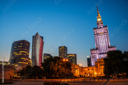 Illuminated Palace of Culture and Science in Warsaw, Poland