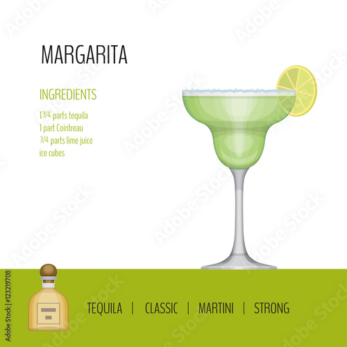 Glass of cocktail margarita on white background. Cocktail menu c