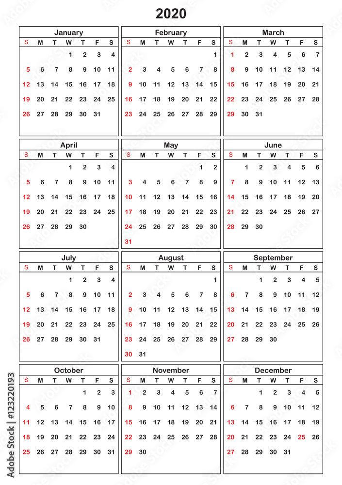 Calender 2020 in vector can be converted into any size for print