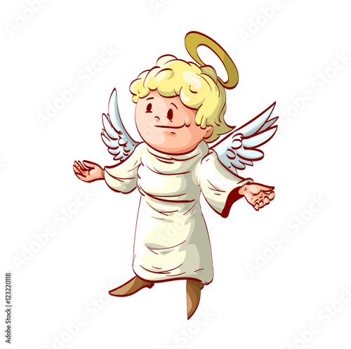 Colorful vector illustration of a good angel with welcoming and caring gesture with his hands