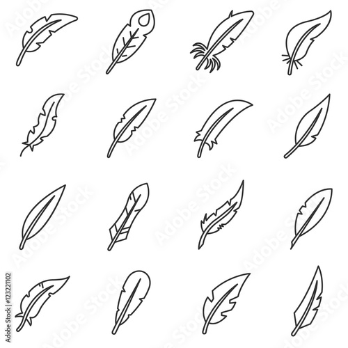 feathers icons set. feather birds of different shapes collection. Thin line design