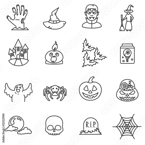 Halloween icons set. Halloween paraphernalia collection. The celebration of  All Hallows’ Evening, vector linear illustration. Thin line design
