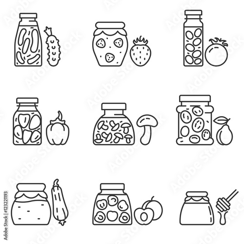Canned food set. Food banks collection.Products banks, line design. Canned cucumbers, tomatoes, sweet peppers, mushrooms, squash caviar, plum, apricot, jam, honey. vector linear illustration