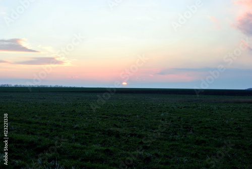 A field of winter wheat and sunset with clouds
