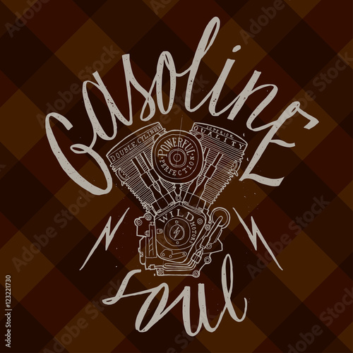 gasoline soul biker print. motocycle engine gasoline soul t-shir
