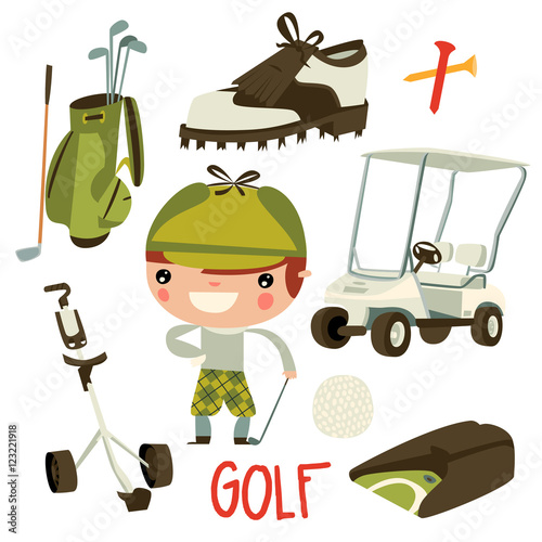 cute golf player set. golf kid and quipment.