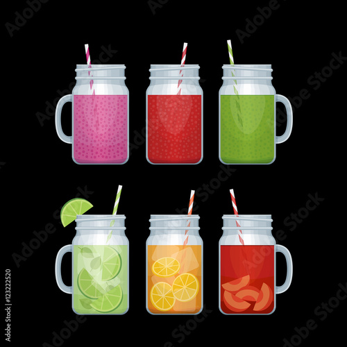 Set of different alcohol cocktail and smoothie mason jar. Bar me