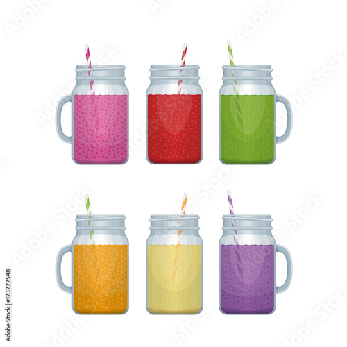 Set of different smoothie mason jar. Smoothie bar menu. Types of