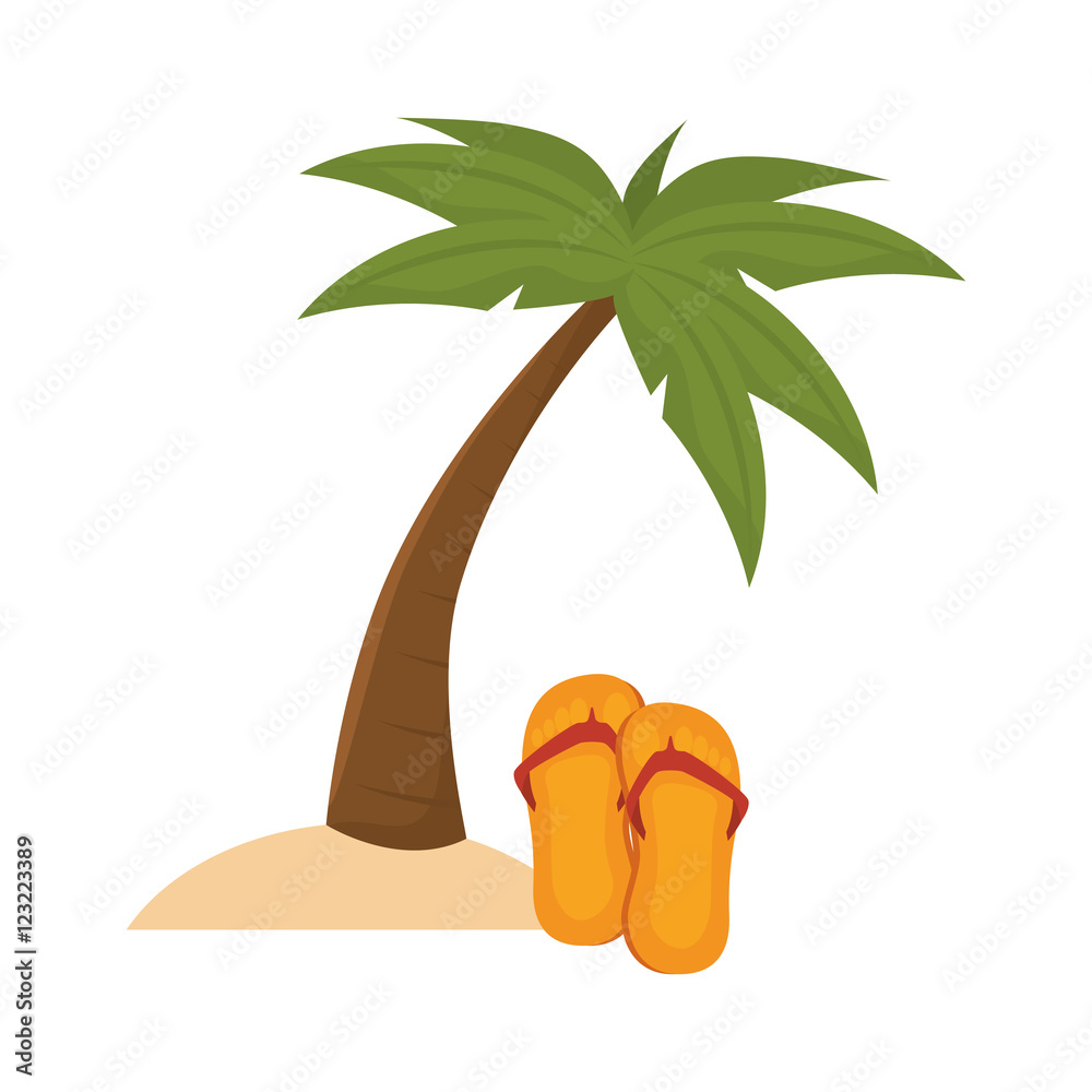 summer palm tree and orange and red flip flops over white background