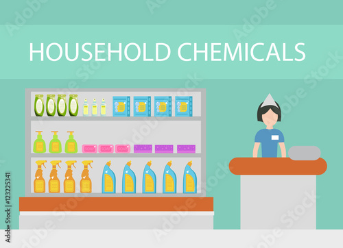 Store household chemicals, cleaning agents, detergents, cosmetics. The department store with household cleaning flat style. Vector illustration