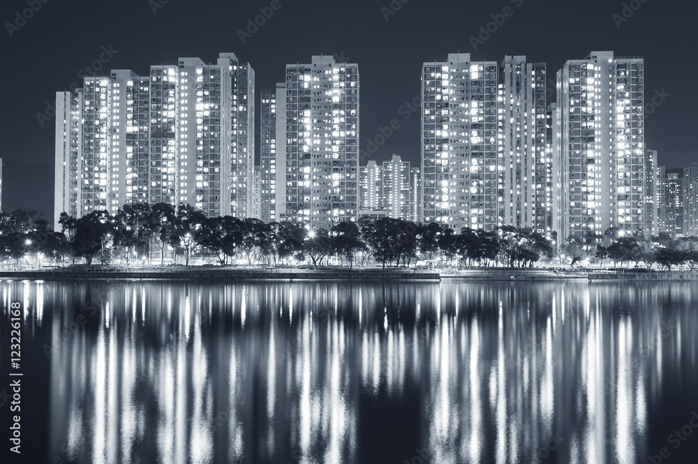 highrise Residential building in Hong Kong city at night
