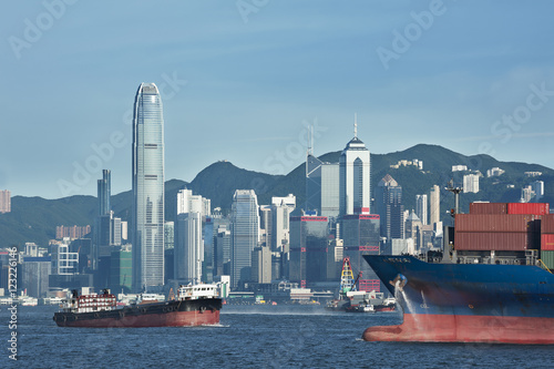 Container ship in Victoria Harbor of Hong Kong
