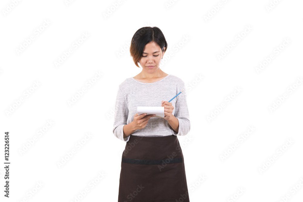 Portrait of waitress smiling holding paper note writing order in cafe isolated on white background.