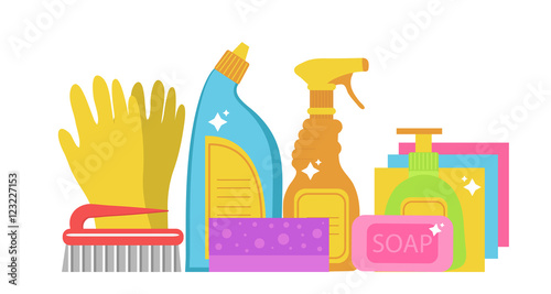 Cleaning supplies, cleaning tools set. Household chemicals. Vector illustration