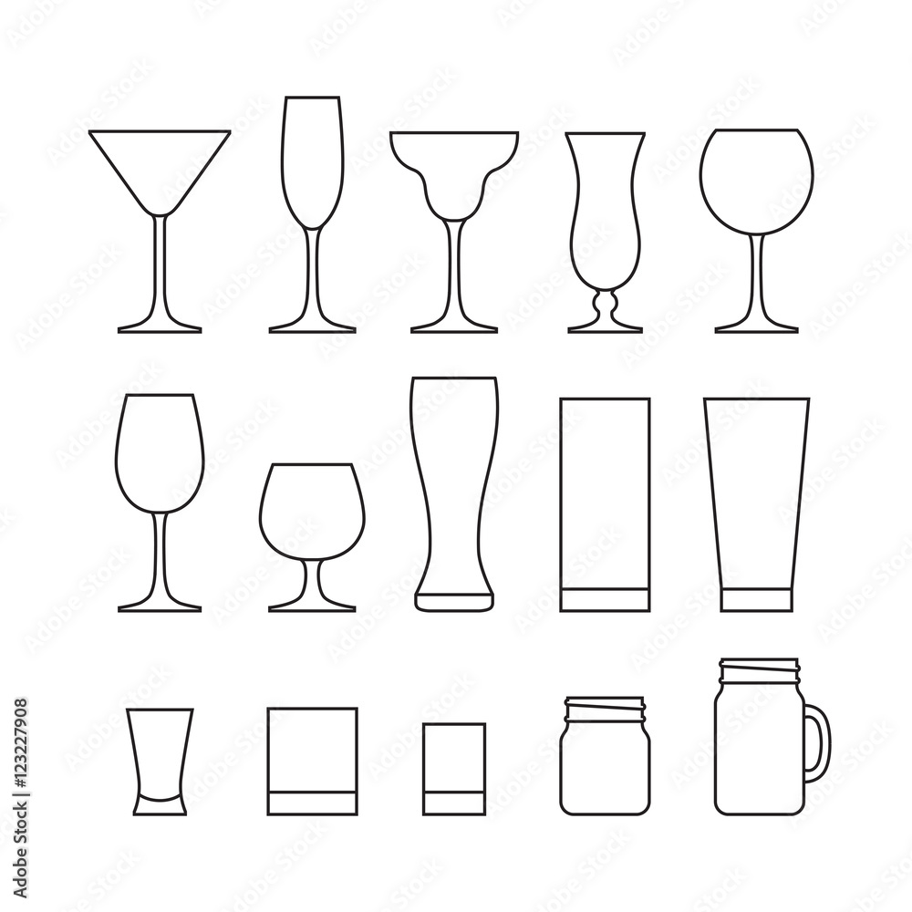 Outline set of different alcohol glasses. Line icon set. Flat de