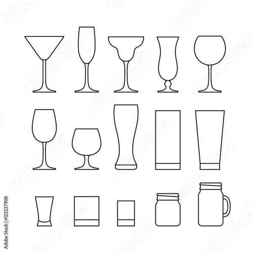 Outline set of different alcohol glasses. Line icon set. Flat de