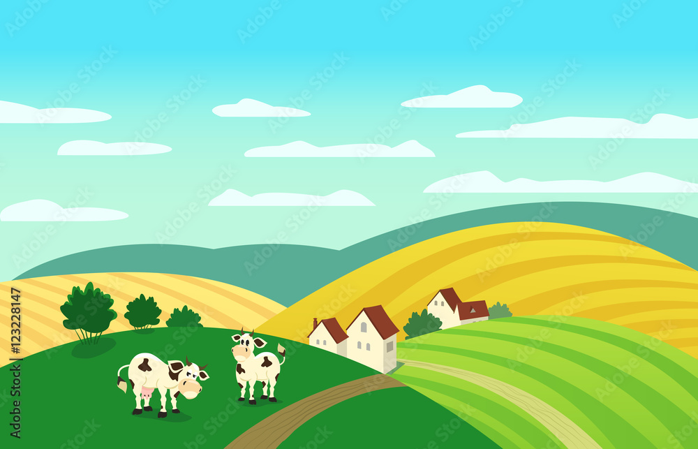 Fototapeta premium Autumn landscape. Cartoon farm houses silhouettes. Caws on meadow and winding road on fields. Rural community view among hills. Village countryside scene background. Vector Illustration