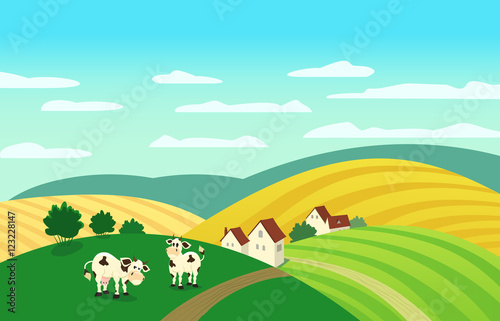 Autumn landscape. Cartoon farm houses silhouettes. Caws on meadow and winding road on fields. Rural community view among hills. Village countryside scene background. Vector Illustration