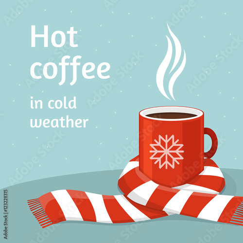 Hot coffee in red cup. Cup of coffee swathed in scarf. Winter ba