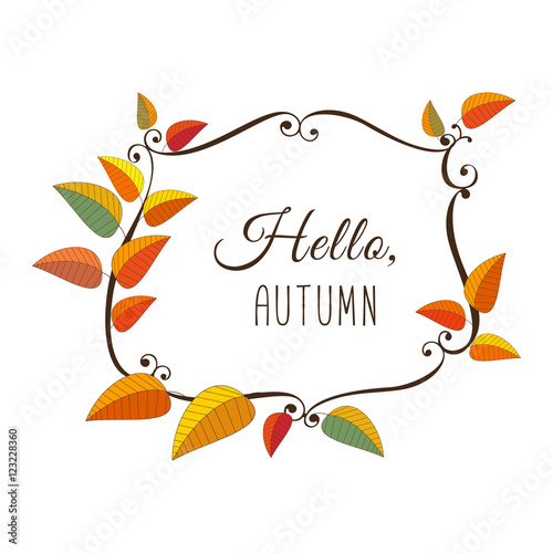 Template Design poster Hello Autumn. Autumnal round frame. Fall leaf wreath. Colorful leaves background border. Design idea for decorative festival banner elements. Vector illustration
