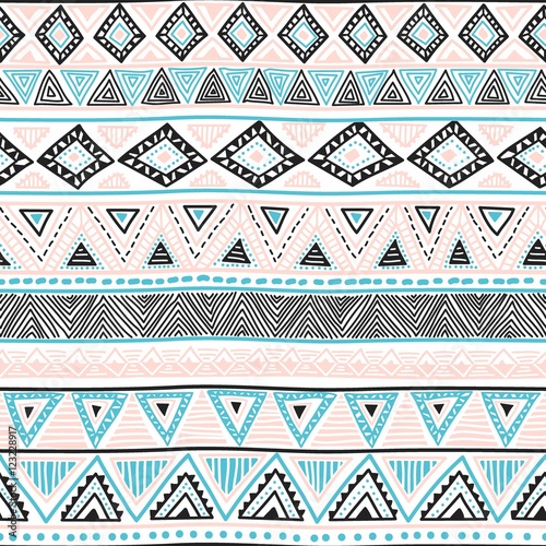 Seamless ethnic background. Geometric bright pattern. Blue, blac