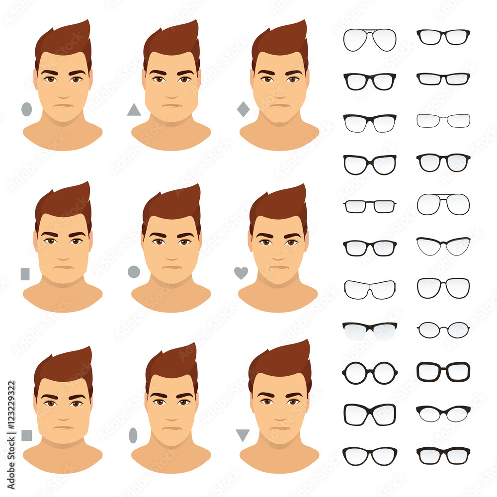 Eyeglasses shapes for men. Types of eyeglasses for different man face -  square, triangle, circle, oval, diamond, long, heart, rectangle. Vector  icon set. All glasses with transparent glass. Stock Vector | Adobe Stock