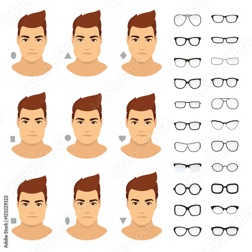 Eyeglasses shapes for men. Types of eyeglasses for different man face - square, triangle, circle, oval, diamond, long, heart, rectangle. Vector icon set. All glasses with transparent glass.