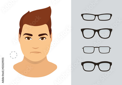 Man eyeglasses shapes for round man face type. Various forms of summer glasses for round face. Fashion collection. Vector icon set.
 photo