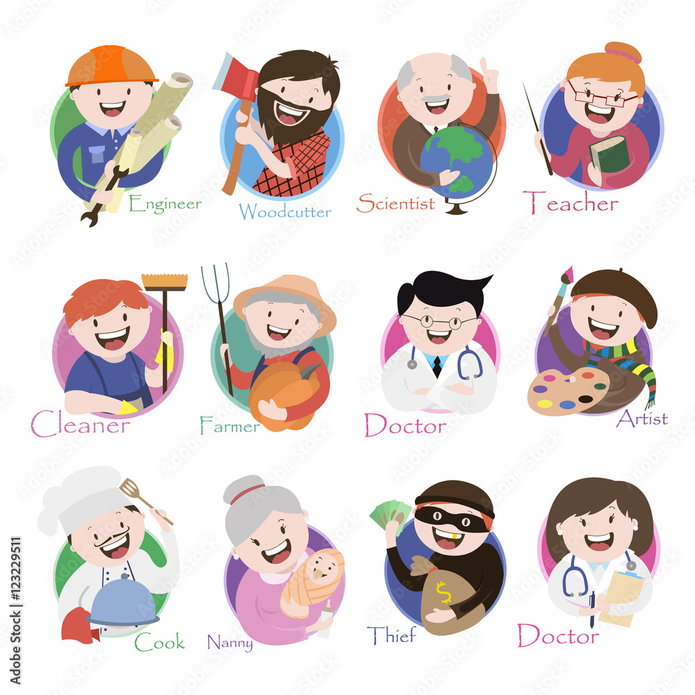 profession, chef , doctor, engineer, teacher , scientist, thief , crook, babysitter , painter , cleaner, woodcutter , lumberjack , farmer, Vector graphics profession, chef , doctor, engineer, teacher , scientist, thief , crook, babysitter , painter , cleaner, woodcutter , lumberjack , farmer, Vector graphics