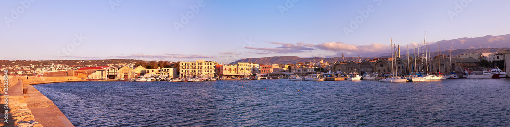 Panoramic view of old port Chania in Crete, Greece.