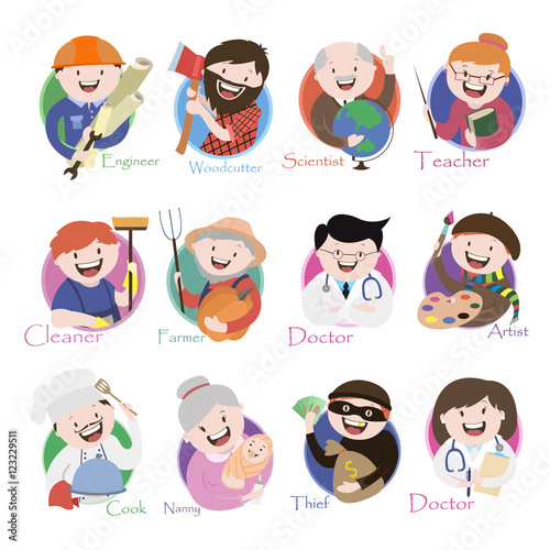 profession, chef , doctor, engineer, teacher , scientist, thief , crook, babysitter , painter , cleaner, woodcutter , lumberjack , farmer, Vector graphics