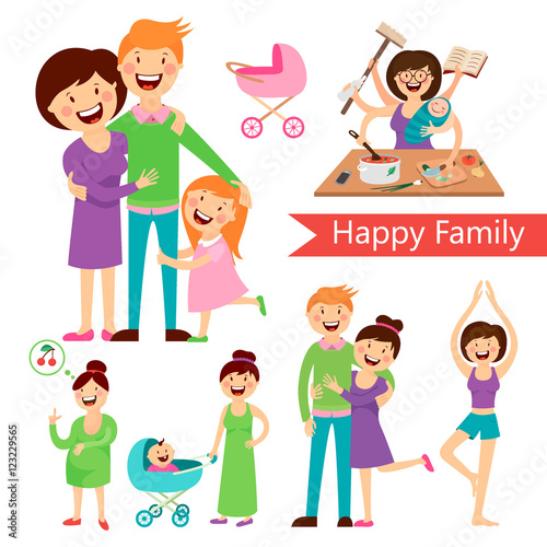 set of happy family , pregnancy , walking with a child , a busy mom , vector graphics
