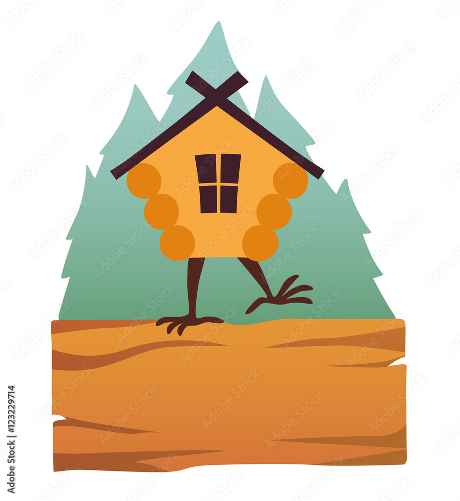 Hut in forest vector logo. Cartoon old house on chicken legs with window,  baba yaga home.