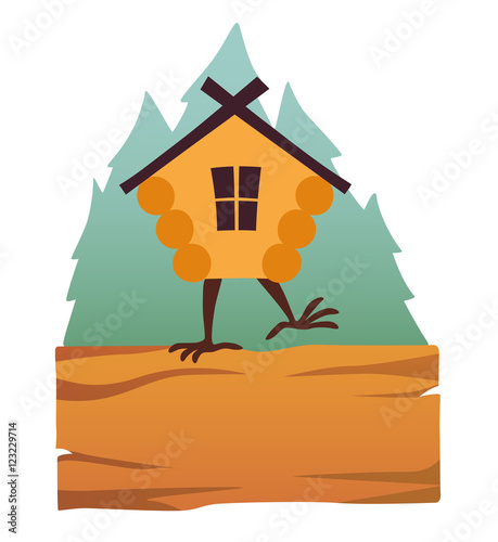 Hut in forest vector logo. Cartoon old house on chicken legs with window, baba yaga home. Fairy magic village is on the board. Symbol of fairytale forest, isolated on white background illustration