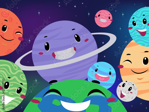 Vector Illustration of Different Planet Mascot on Universe