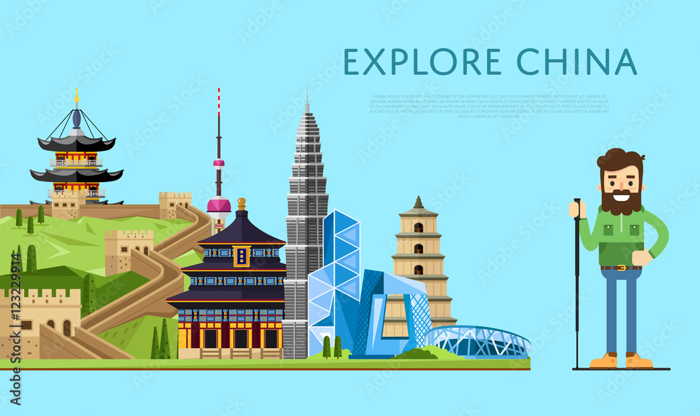 Explore China banner with smiling tourist on background of famous traditional and modern asian buildings. Man traveler hiking. Asian architecture in flat design. Travel lifestyle. China landmarks